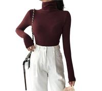 Langärmeliges Rollkragen-T-Shirt für Damen - lässig, schmale Passform, leicht, einfarbig, Basic-T-Shirt, weich, dehnbar, Thermo-Unterhemd, Oberteil für den Alltag, Herbst und Winter, rot, 38