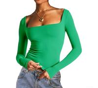 Langärmeliges Slim Fit Damen-T-Shirt mit solidem niedrigen Brust-Design, lässiges kragenloses T-Shirt für verschiedene Aktivitäten (L Grün)