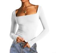 Langärmeliges Slim Fit Damen-T-Shirt mit solidem niedrigen Brust-Design, lässiges kragenloses T-Shirt für verschiedene Aktivitäten (XS Weiß)