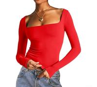 Langärmeliges Slim Fit Damen-T-Shirt mit solidem niedrigen Brust-Design, lässiges kragenloses T-Shirt für verschiedene Aktivitäten (XS Rot)