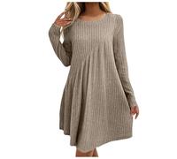 Langärmliges Damenkleid - Frühling Herbst O-Ausschnitt Strickkleider Mode Elastische Taille Lockere Passform Knielang Große Größe A-Linie Kleid Kleidung,Khaki,M