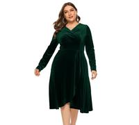 Langärmliges Damenkleid - Große Größe V-Ausschnitt Samt V-Ausschnitt A-Linie Kleider Einfarbig Unregelmäßig Mittellang Lockere Passform Frühling Herbst Streetwear,Grün,XXL
