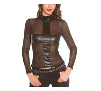 Langärmliges Mesh-Shirt mit Stehkragen, Wet-Look-Einsatz in Kreuz-Optik und tailliertem Schnitt für eine Feminine Silhouette S