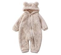 Langarm 92 Junge Neugeborenes Baby Mädchen Jungen niedlich solide Lange Ärmel Cartoon Ohren Fleece füßig mit Kapuze Reißverschluss Strampler Warmer Footie Overall Schlafanzug (Beige, 0-3 Months)