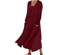 Langarm Baumwoll Leinen Tankkleid Damen Vintage Einfarbig Sommerkleid Gestreifte Strandkleid Lose Rundhals Maxikleid A-Linie Kleider Große Größen Partykleid Freizeitkleid mit Taschen