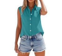Langarm-Bluse für Damen, trendiges Baumwoll-Leinen-Hemd für Damen, ärmellos, Kragen, übergroße Blusen mit Knopfleiste, Arbeitshemden, lässiges Sommer-T-Shirt, blau, XL