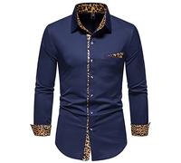 Langarm Hemd Für Herren - Männer Leopard Patchwork Mode Revers Langarm Knopf Shirt Club Party Prom Hochzeit Atmungsaktives Top Plus Size, Blau, XXL