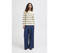 ICHI IHBOSTON Damen Strickpullover Feinstrick Pullover Pulli mit Rundhals Streifenmuster Loose fit, Größe:M, Farbe:Almond Milk Black Stripe (203332)