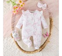 Langarm Jumpsuit mit Stirnband für Neugeborene, weiße Basis mit rosa Schleife im süßen Stil, aus weichem und bequemem Material