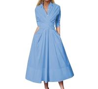 Langarm Kleid Damen - Einfarbiges Damen-Cocktail-Partykleid Mit Langen ÄRmeln Kragen GüRtel Plissierten Taschen FüR Die Arbeit Damen Winter Kleid