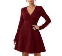 Langarm Kleid Damen Elegant Geripptes Strickkleid Damen Winter Knielang A Linie Pulloverkleid Winter Curvy V Ausschnitt Winterkleid Wickel Herbstkleid Gestricktes Eng Pullikleid Strickkleider