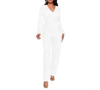 Langarm Pailletten Jumpsuit für Damen, V Ausschnitt Stil für Herbst und Winter, eleganter Strampler Overall perfekt für Party Anlässe (XL Weiß)