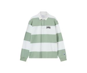 Langarm-Poloshirt CHAMPION "COLLEGE Striped Heavy Jersey Polo", Herren, Gr. M, grün (ige, wht), Obermaterial: 100% Baumwolle, normal, Rundhals, Shirts, Langarm-Design, mit Knopfleiste, gerader Abschlu