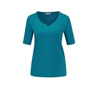 Langarm-Poloshirt GOLDNER "Halbarm Basic-Shirt aus Baumwolle", Damen, Gr. 54, blau (petrol), Obermaterial: 95% Baumwolle CO. 5% Elasthan EL., Tubular, Shirts, Ausschnitt in Herzform mit Schmucksteinen
