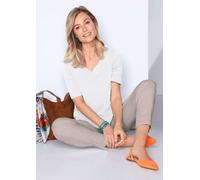 Langarm-Poloshirt GOLDNER "Kurzgröße Halbarm Basic-Shirt aus Baumwolle", Damen, Gr. 20, weiß, Obermaterial: 95% Baumwolle CO. 5% Elasthan EL., V-Ausschnitt, Tubular, Shirts, Ausschnitt in Herzform mit