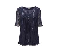 Langarm-Poloshirt GOLDNER "Kurzgröße Mesh-Shirt mit funkelnden Pailletten", Damen, Gr. 22, blau (mitternachtsblau, bestickt), Obermaterial: 90% Polyamid PA. 10% Elasthan EL., festlich, Rollkante, Shir