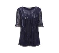 Langarm-Poloshirt GOLDNER "Mesh-Shirt mit integriertem Jerseytop", Damen, Gr. 38, blau (mitternachtsblau, bestickt), Obermaterial: 90% Polyamid PA. 10% Elasthan EL., festlich, U-Boot-Ausschnitt, Rollk