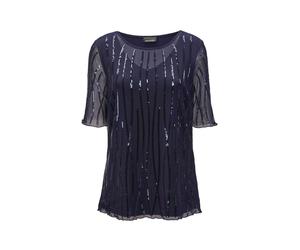 Langarm-Poloshirt GOLDNER "Mesh-Shirt mit integriertem Jerseytop", Damen, Gr. 46, blau (mitternachtsblau, bestickt), Obermaterial: 90% Polyamid PA. 10% Elasthan EL., festlich, U-Boot-Ausschnitt, Rollk