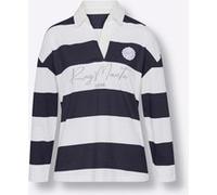 Poloshirt HEINE "Poloshirt", Damen, Gr. 38, blau (marine, ecru, bedruckt), 100% Baumwolle, gemustert, mehrfarbig, V-Ausschnitt, Shirts (63292439-38) marine, ecru, bedruckt
