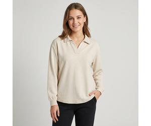 Langarm-Poloshirt ONLY CARMAKOMA "CARGRETCHEN LS POLOCOLLAR BLOUSE JRS", Damen, Gr. M, birch detail:melange, Jersey, Obermaterial: 78% Polyester, 17% Viskose, 5% Elasthan, meliert, regular fit, V-Auss