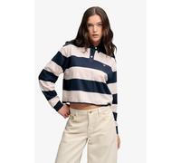 Langarm-Poloshirt SUPERDRY "ATH ESS CROPPED STRIPE RUGBY", Damen, Gr. S, navy, pink stripe, Single Jersey, Obermaterial: 100% Baumwolle, gestreift, oversize taillenbedeckt, Rundhals, Shirts, Baumwolle