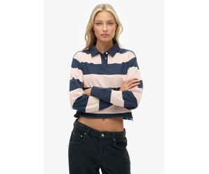 Langarm-Poloshirt SUPERDRY "ATH ESS CROPPED STRIPE RUGBY", Damen, Gr. XL, lauren navy, pink stripe, Single Jersey, Obermaterial: 100% Baumwolle, gestreift, oversize normal, ohne Ausschnitt, Shirts (72