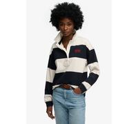 Langarm-Poloshirt SUPERDRY "HERITAGE STRIPE RUGBY TOP", Damen, Gr. S, schwarz-weiß (navy, ecru), Single Jersey, Obermaterial: 100% Baumwolle, gestreift, oversize normal, Rundhals, Shirts, Oversize-Pas