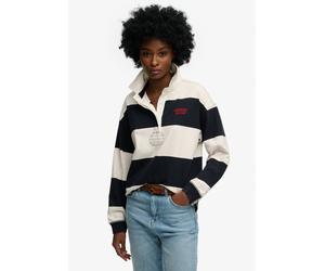 Langarm-Poloshirt SUPERDRY "HERITAGE STRIPE RUGBY TOP", Damen, Gr. S, schwarz-weiß (navy, ecru), Single Jersey, Obermaterial: 100% Baumwolle, gestreift, oversize normal, Rundhals, Shirts, Oversize-Pas