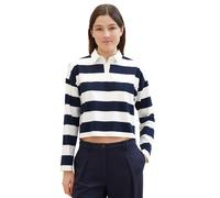 Langarm-Poloshirt TOM TAILOR DENIM, Damen, Gr. XXL (44), blau (navy weiß block stripe), Single Jersey, Obermaterial: 100% Baumwolle, gestreift, extrakurz, Rundhals, Shirts Langarm-Poloshirt, mit Strei