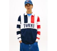 Langarm-Poloshirt TOMMY JEANS "TJM RELAXED FIT ARCHIVE RUGBY", Herren, Gr. M, schwarz night navy, Jersey, Obermaterial: 100% Baumwolle, colorblocking, gestreift, relaxed fit normal, Rundhals, eingeset