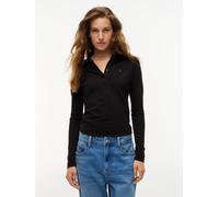 Langarm-Poloshirt TOMMY JEANS "TJW SLIM ESSENTIAL LS POLO", Damen, Gr. XS (34), schwarz, Single Jersey, Obermaterial: 97% Baumwolle, 3% Elasthan, unifarben, slim fit normal, ohne Ausschnitt, Shirts, B