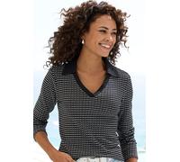 Langarm-Poloshirt VIVANCE "aus strukturierter Strickqualität", Damen, Gr. 36/38, schwarz, creme, Strick, Obermaterial: 75% Baumwolle, 25% Polyester, gemustert, bequem, V-Ausschnitt, Shirts, schöne Str
