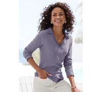 Langarm-Poloshirt VIVANCE "aus strukturierter Strickqualität", Damen, Gr. 44/46, blau, creme, Strick, Obermaterial: 75% Baumwolle, 25% Polyester, gemustert, bequem, V-Ausschnitt, Shirts, schöne Strick