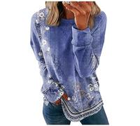 Langarm Shirts Damen Crop Tops Warme Decke Karohemd Vintage Blumendruck Rundhals T-Shirt Frühling Herbst Retro Muster Pullover Sweatshirt Top Bauchfrei (Purple, 3XL)