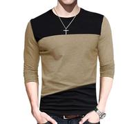 Langarm T-Shirt Herren Klassisch Farbabstimmung Mode T-Shirts Leichte Casual Atmungsaktiv Basic Shirt C-Khaki 3XL