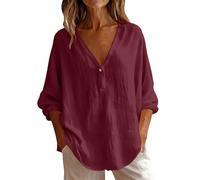 Langarm-T-Shirts für Damen, V-Ausschnitt, übergroße T-Shirts, lange Tunika, Tops, lässige Sommerblusen, Basic-T-Shirts, lockere Passform, Hemden, Arbeit, Büro, Strand, B Wein, XXL