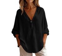 Langarm-T-Shirts für Damen, V-Ausschnitt, übergroße T-Shirts, lange Tunika, Tops, lässige Sommerblusen, Basic-T-Shirts, lockere Passform, Hemden, Arbeit, Büro, Strand, B Schwarz, XXL