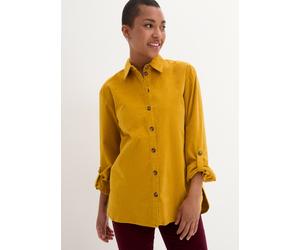 Langarmbluse BONPRIX "Cord-Hemd mit Seitenschlitz", Damen, Gr. 48, gelb (ockergold), Obermaterial: 98% Baumwolle, 2% Elasthan, loose fit, Blusen, lockere Passform, für den Alltag, aus Cord, mit Hemdbl