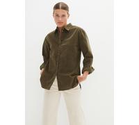 Langarmbluse BONPRIX "Cord-Hemd mit Seitenschlitz", Damen, Gr. 50, grün (dunkeloliv), Obermaterial: 98% Baumwolle, 2% Elasthan, loose fit, Blusen Langarmbluse, lockere Passform, für den Alltag, aus Co