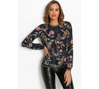 Langarmbluse BONPRIX, Damen, Gr. 34, schwarz (schwarz floral), Obermaterial: 100% Polyester. Einsatz: 97% Polyester, 3% metallisierte Fasern, loose fit, Blusen, lockere Passform, aus Polyester, elegan