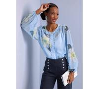 Langarmbluse CREATION L, Damen, Gr. 42, eisblau, ecru, bedruckt, 100% Polyester, geblümt, gemustert, mehrfarbig, Rundhals, Blusen (27523866-42) eisblau, ecru, bedruckt