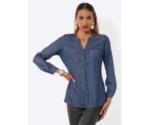 Langarmbluse CREATION L, Damen, Gr. 46, blau, bleached, 100% Lyocell, unifarben, V-Ausschnitt, Blusen (94581014-46) blau, bleached