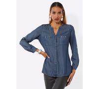 Langarmbluse CREATION L, Damen, Gr. 50, blau, bleached, 100% Lyocell, unifarben, V-Ausschnitt, Blusen (94581014-50) blau, bleached