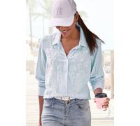 Langarmbluse LASCANA, Damen, Gr. 34, blau, creme gestreift, Web, Obermaterial: 55% Baumwolle, 35% Viskose, 10% Leinen, bestickt, gestreift, figurumspielend kniebedeckend, mit Knopf, Blusen, mit floral