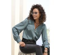 Langarmbluse LASCANA, Damen, Gr. 38, blau (petrol), Web, Obermaterial: 100% Polyester, unifarben, modisch, figurumspielend hüftlang, V-Ausschnitt, Blusen, mit Reißverschlussdetail, elegante Damenbluse