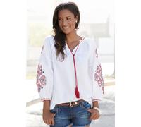 Langarmbluse LASCANA, Damen, Gr. 42, bunt (weiß, rot, blau), Web, Obermaterial: 100% Viskose, unifarben, figurumspielend hüftlang, V-Ausschnitt, Raglanärmel, Blusen, mit Stickerei, Damenbluse, Tunika,