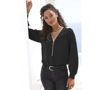 Langarmbluse LASCANA, Damen, Gr. 42, schwarz, Web, Obermaterial: 100% Polyester, unifarben, figurumspielend hüftlang, V-Ausschnitt, 1-Knopf-Manschette, Blusen, mit Reißverschlussdetail, elegante Damen