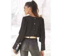 Langarmbluse LASCANA, Damen, Gr. 44, schwarz, Web, Obermaterial: 100% Polyester, unifarben, figurumspielend hüftlang, Rundhals, Manschette mit Knöpfen, Blusen, mit Knopfleiste hinten, elegante Damenbl
