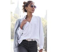Langarmbluse LASCANA, Damen, Gr. 44, weiß, Web, Obermaterial: 100% Polyester, unifarben, figurumspielend hüftlang, V-Ausschnitt, 1-Knopf-Manschette, Blusen, mit Reißverschlussdetail, elegante Damenblu