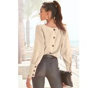 Langarmbluse LASCANA, Damen, Gr. 46, beige (creme), Web, Obermaterial: 100% Polyester, unifarben, figurumspielend hüftlang, Rundhals, Manschette mit Knöpfen, Blusen, mit Knopfleiste hinten, elegante D